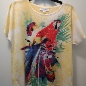 breckenridge Yellow Short Sleeve Tee with Colorful Parrot Print